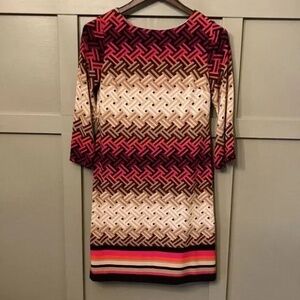 Eliza J Printed Long Sleeve Shift Dress Brown Tan Cream Orange Red Size 4
